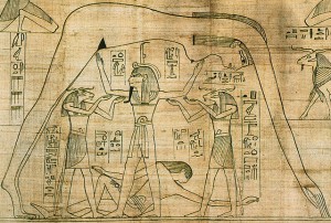 Detalle Del Papiro Greenfield (el Libro de los Muertos de Nesitanebtashru). Representa al dios del aire Shu, asistido por los dioses con cabeza de carnero Je, la diosa del cielo Nut Apoyar el dios de la tierra Geb como se reclina debajo.