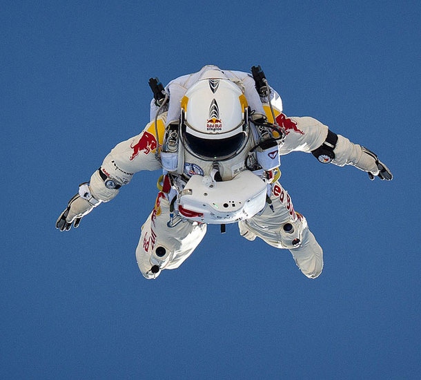 Felix Baumgartner in free fall, by Luke Aikins (Red Bull Stratos project, Red Bull Content Pool