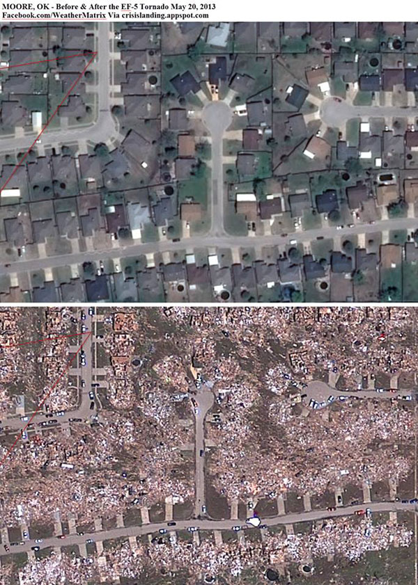 Fotografies aèries d’una zona residencial de Moore (Oklahoma) abans (dalt) i després (baix) del pas del tornado.