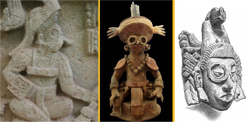 Diverses representacions del rei K’inich Yax K’uk’ Mo’. Observeu que el monarca porta en totes les “ulleres de llarga vista” d’origen teotihuacà.