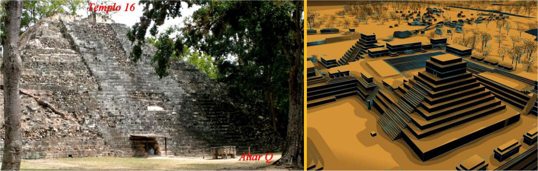 El temple 16 de Copán és, en la fase final, obra del 16é rei de Copán, Yax Pasaj Chan Yopaat. No obstant això, dins d’este edifici n’hi ha uns altres de més antics (entre els quals el famós temple Rosalila, quasi complet), que tenen com a centre la tomba del rei fundador.