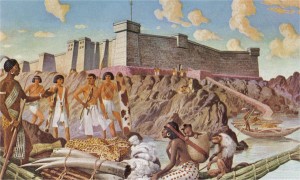 Recreación de una escena de control comercial en la fortaleza de Mirgissa, en la segunda catarata del Nilo.