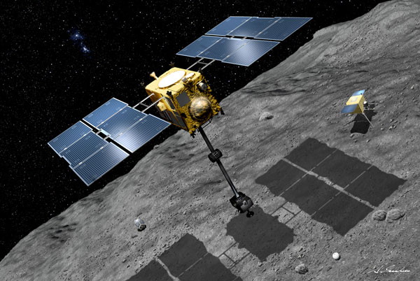 Vista artística de la nave Marco Polo-R mostrando un brazo robótico para recolectar una muestra de la superficie de un asteroide cercano a la Tierra (NEA). Imagen creada a partir de un antiguo concepto de la misión Marco Polo por Yoshikawa Makoto (JAXA).