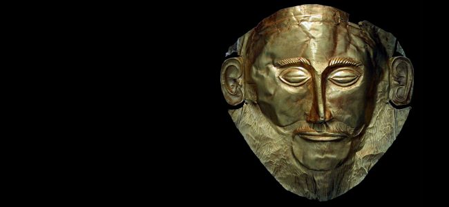 Known as the  ìMask of Agamemnon,î this exquisite funerary mask is made of gold, c. 16th century BCE. It was found in 1876 by Heinrich Schliemann in Tomb V at Mycenae, Greece. Currently on display in the National Archaeological Museum, Athens, Greece.